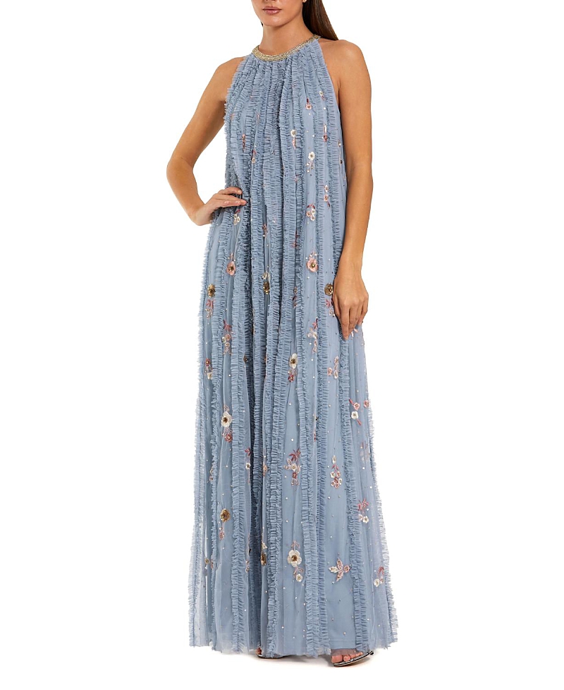 Mac Duggal Mesh Trapeze High Neck Dress With Embroidery