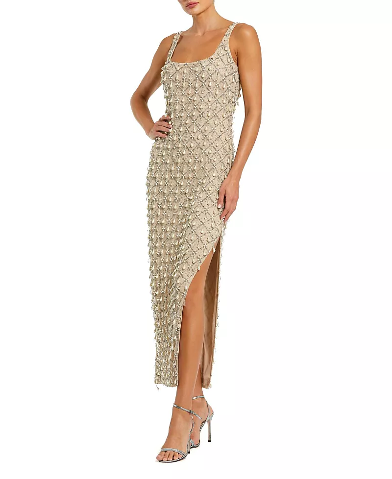 Mac Duggal Pearl Embellished Sleeveless Fitted Ankle Dress