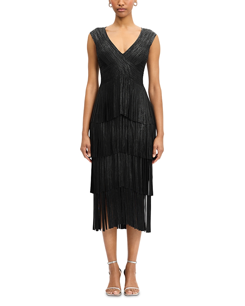 Herve Leger V Neck Foil Fringe Midi Dress