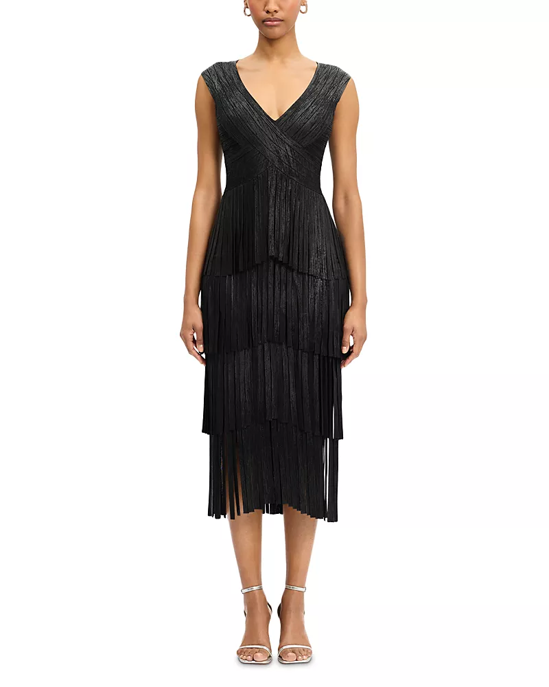 Herve Leger V Neck Foil Fringe Midi Dress