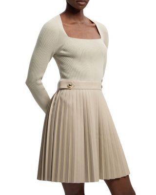 Square Neck Pleated PU Skirt Mini Dress