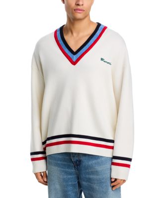 V Neck Stripe Logo Sweater
