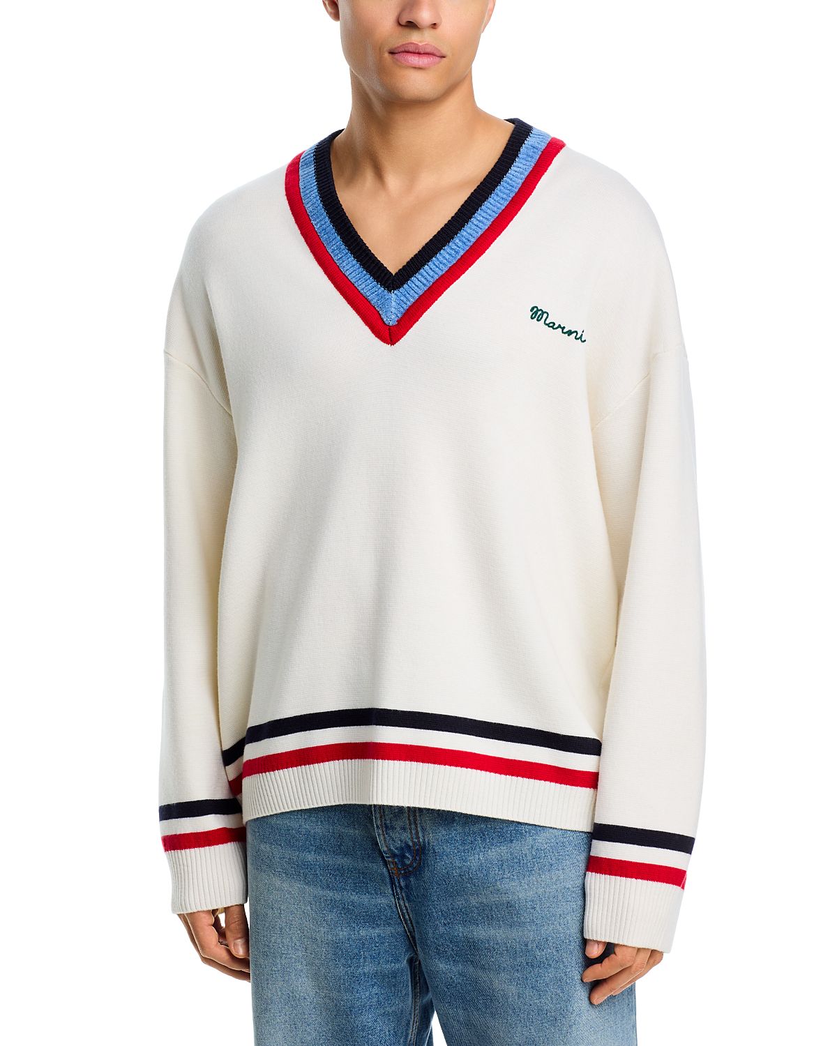 Marni V Neck Stripe Logo Sweater