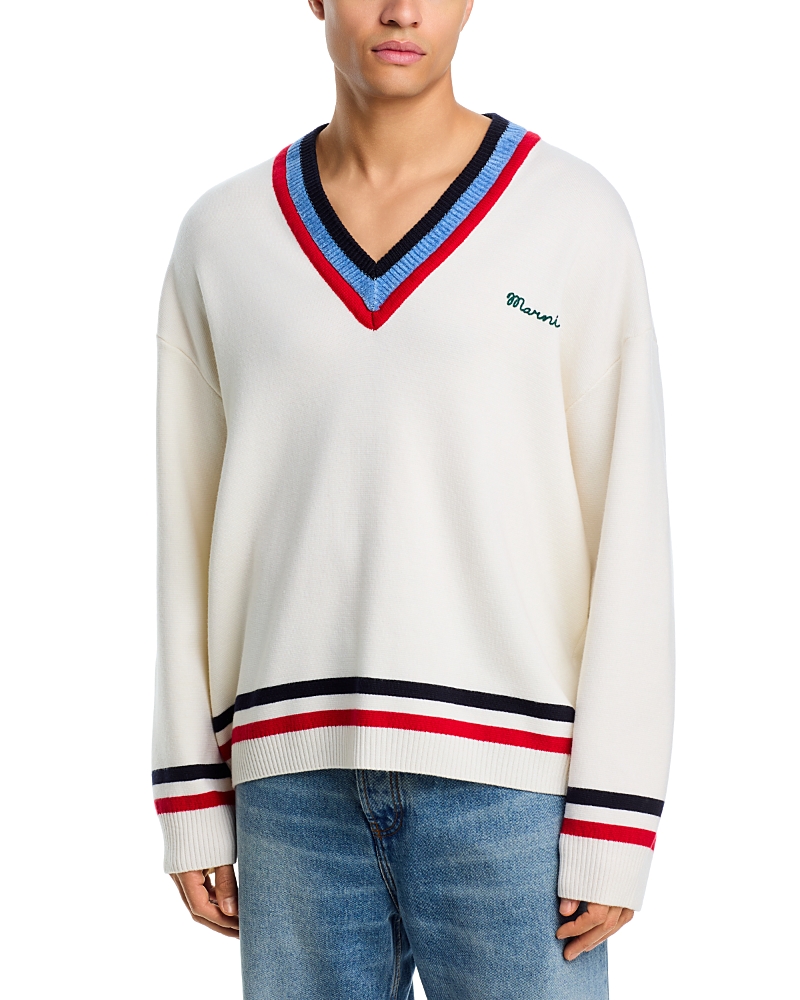 Marni V Neck Stripe Logo Sweater