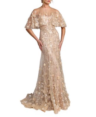  Chiffon Lace Floral Caplet Sleeve Trumpet Gown