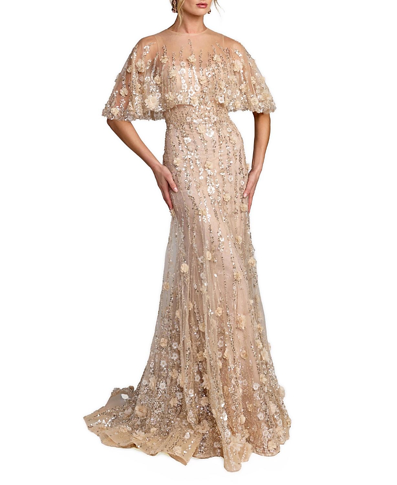 Mac Duggal Chiffon Lace Floral Caplet Sleeve Trumpet Gown
