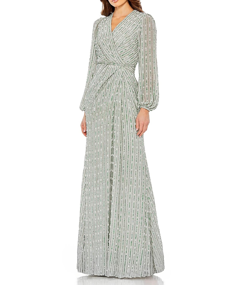 Mac Duggal Sequin-Embellished Long Sleeve V-Neck Evening Gown