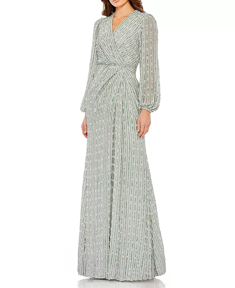 Mac Duggal Sequin-Embellished Long Sleeve V-Neck Evening Gown
