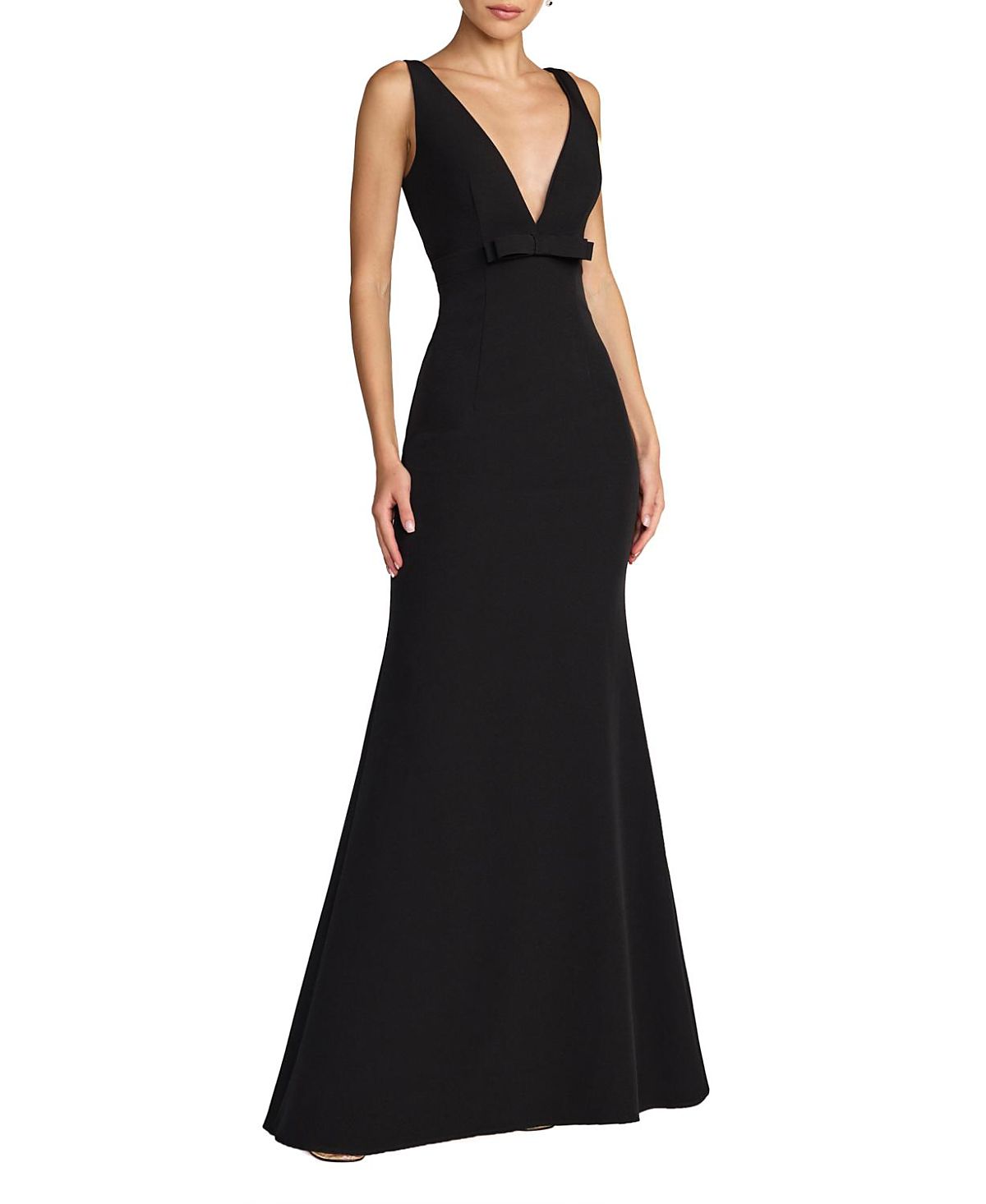 Mac Duggal Crepe Sleeveless V Neck Mermaid Gown with Bow