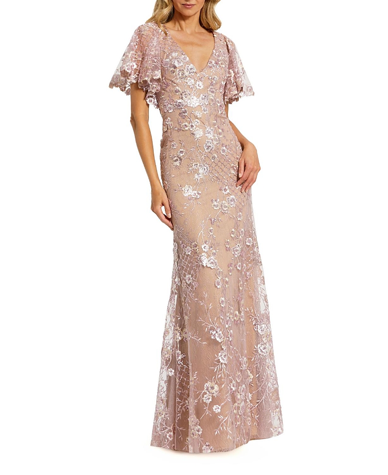 Mac Duggal Embellished Lace V Neck Butterfly Sleeve Gown