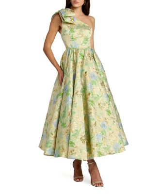  One-Shoulder Floral Brocade Midi Dress with Bow Detail