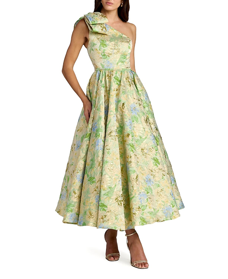 Mac Duggal One-Shoulder Floral Brocade Midi Dress with Bow Detail