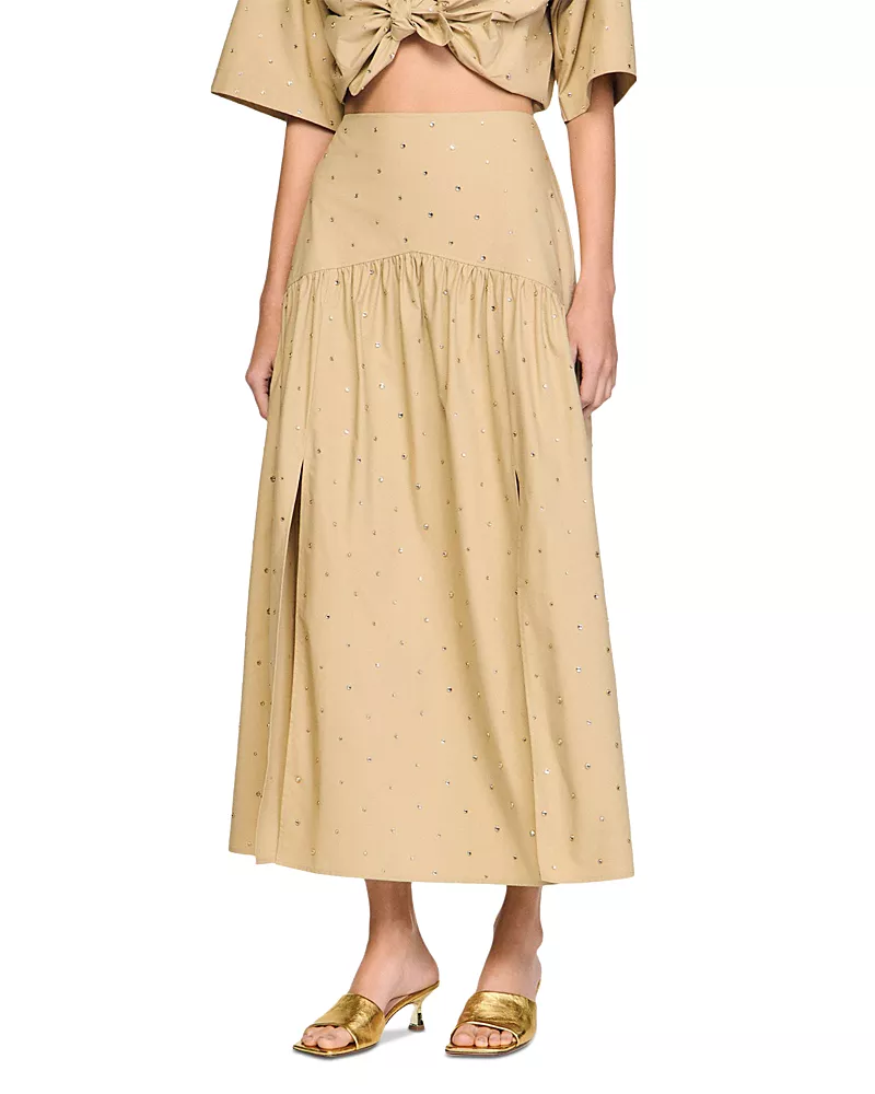 Sandro Long Rhinestone Cotton Skirt