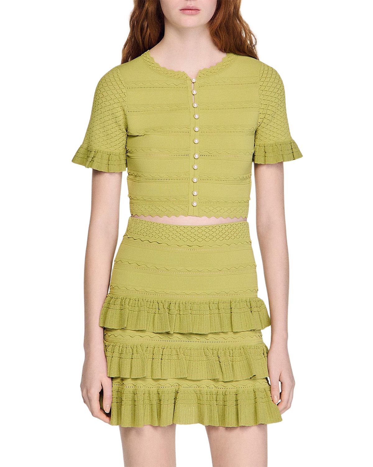Sandro Cropped Ruffled Sleeve Cardigan