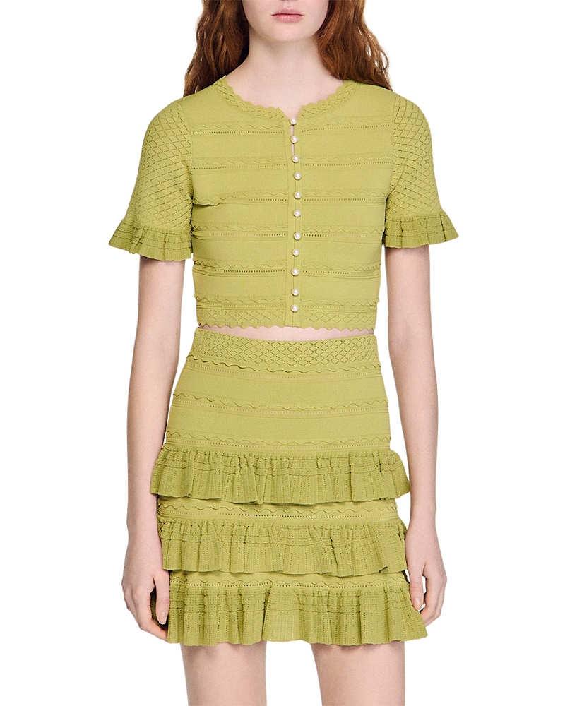 Sandro Cropped Ruffled Sleeve Cardigan