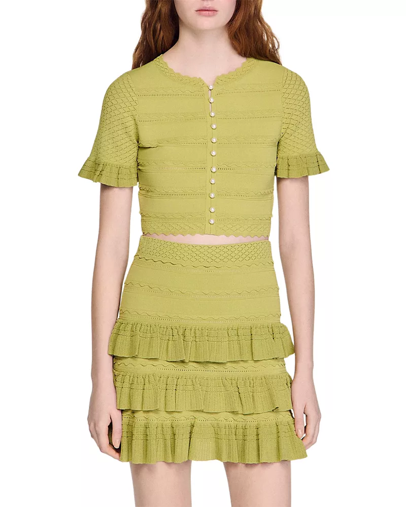 Sandro Cropped Ruffled Sleeve Cardigan
