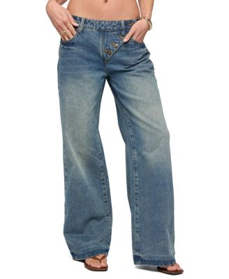 Moxlan Slanted Button Low Rise Baggy Jeans
