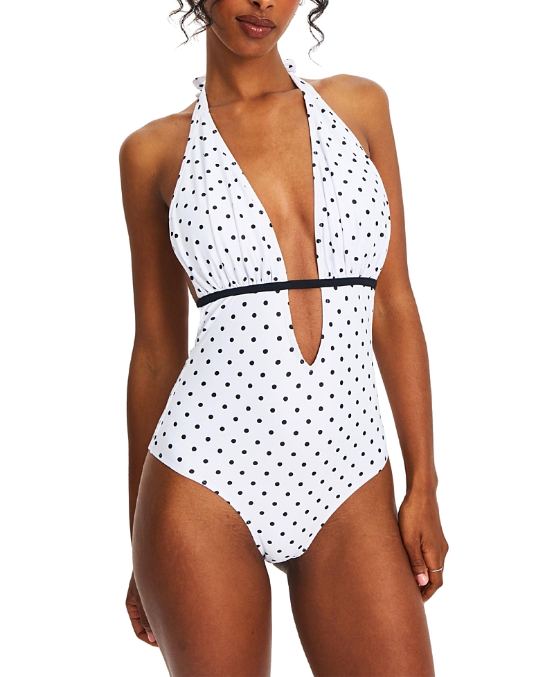Miss Circle Olive Polka Dot Ruched Halter Backless Swimsuit