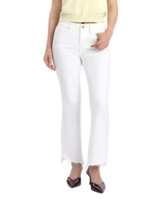 Mid Rise Cropped Bootcut Denim Jeans with Stepped Frayed Hem in White