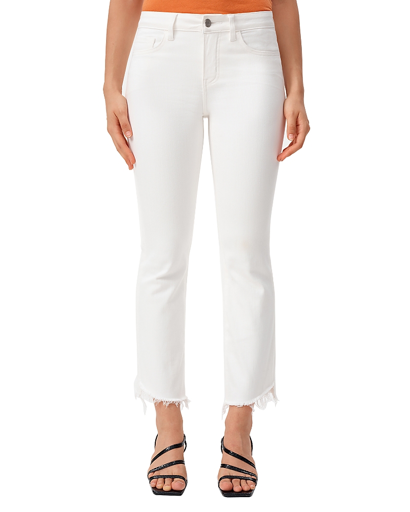 Bayeas Mid Rise Cropped Bootcut Denim Jeans with Stepped Frayed Hem in White
