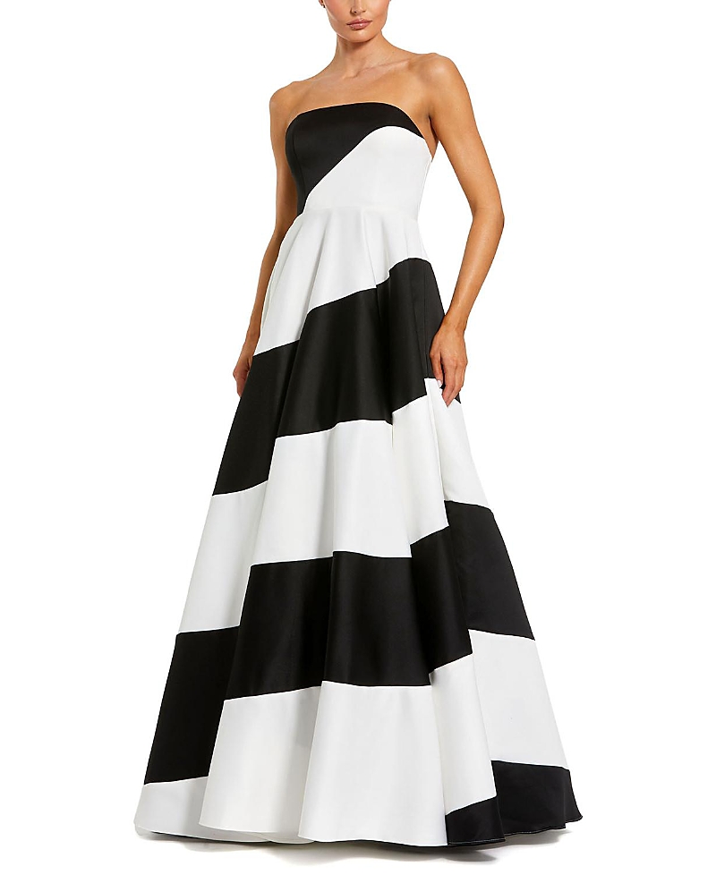 Mac Duggal Petite Strapless Satin Ballgown with Bold Colorblock Stripes