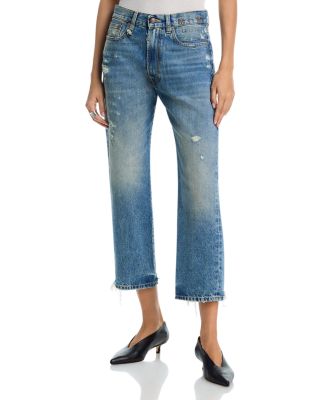 High Rise Boyfriend Ankle Jeans in Bain Blue with Rips