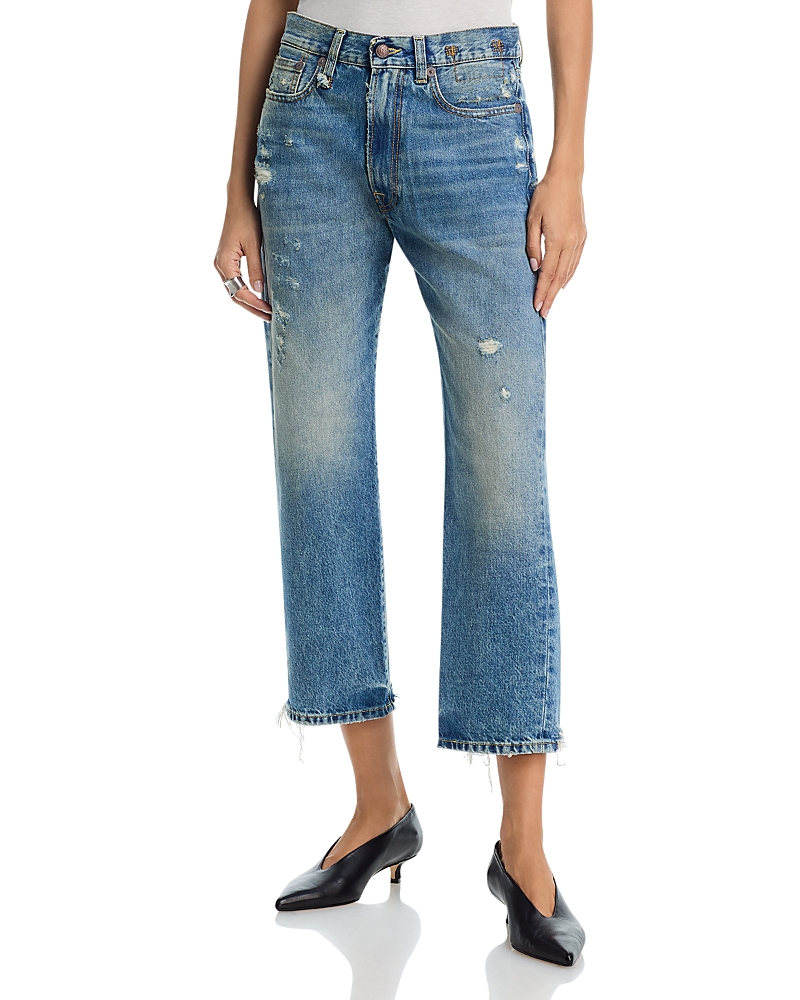 R13 High Rise Boyfriend Ankle Jeans in Bain Blue with Rips