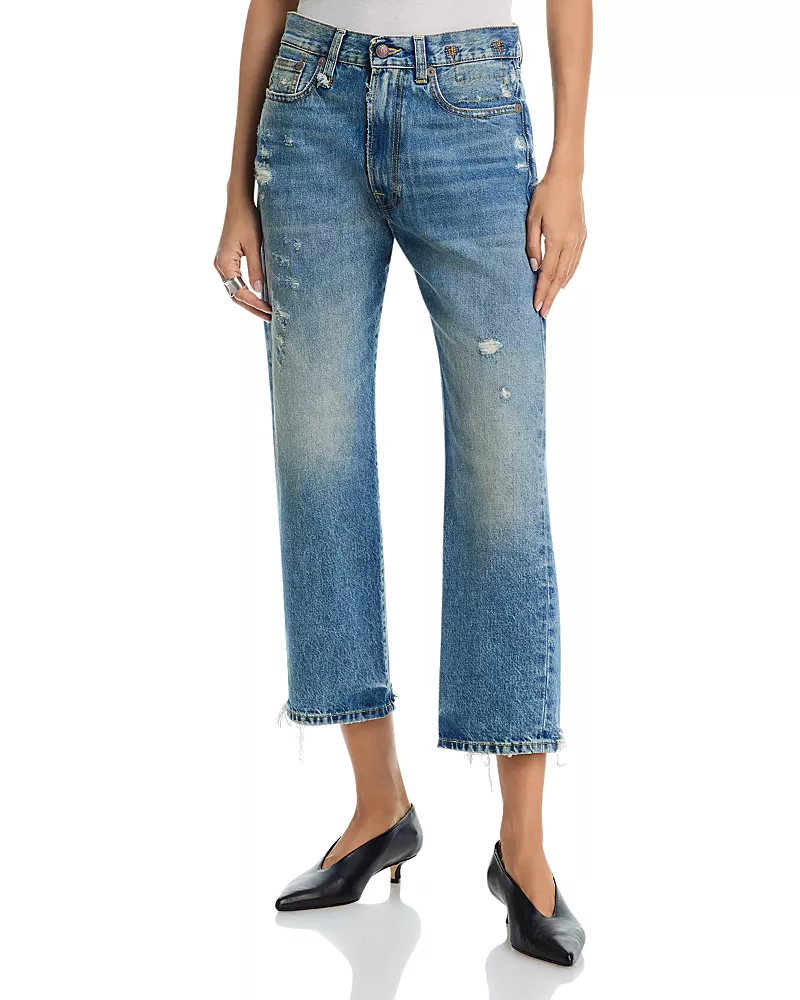 R13 High Rise Boyfriend Ankle Jeans in Bain Blue with Rips
