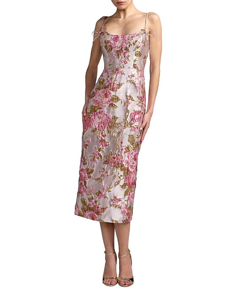 Mac Duggal Petite Floral Brocade Midi Dress with Bow Tie Straps