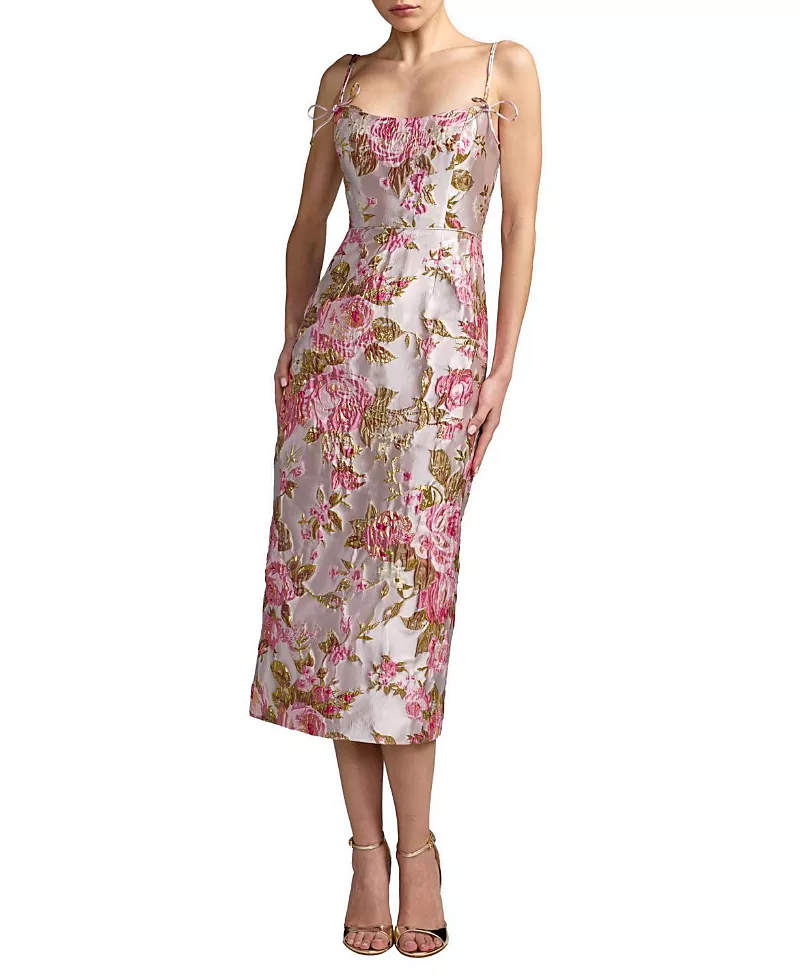 Mac Duggal Petite Floral Brocade Midi Dress with Bow Tie Straps