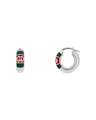 Sterling Silver Gucci Web Green & Red Enamel Logo Hoop Earrings