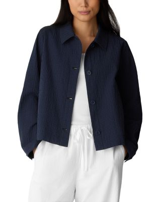 Eileen Fisher Cotton Pucker Check Classic Collar Jacket