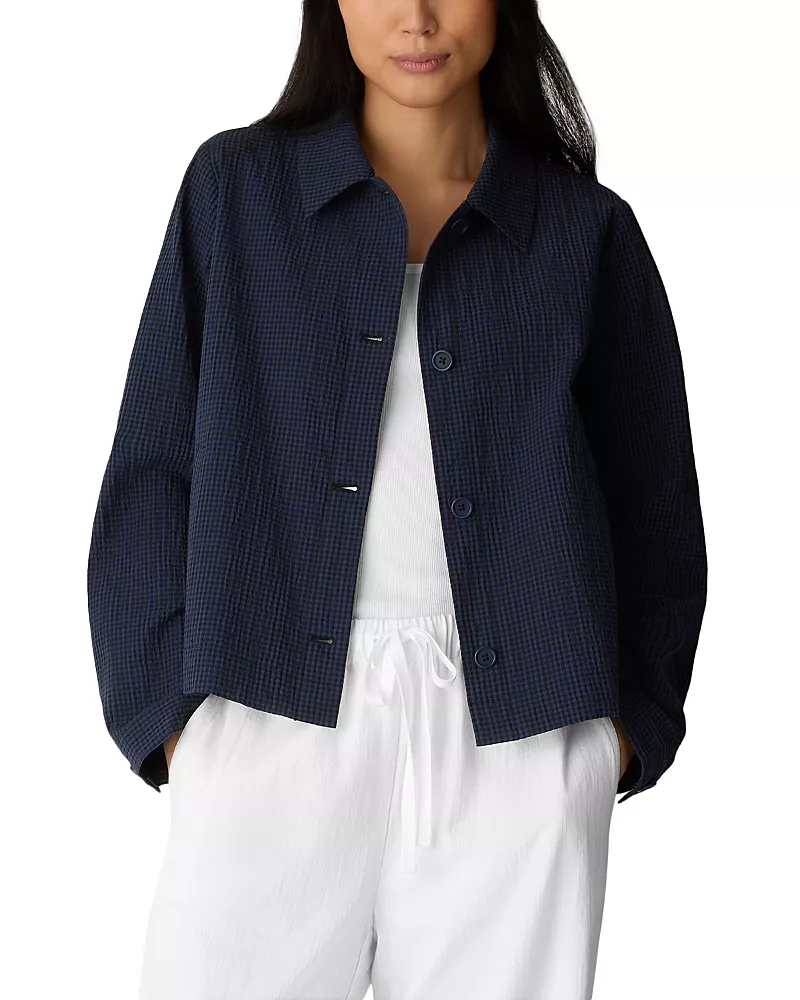 Eileen Fisher Cotton Pucker Check Classic Collar Jacket