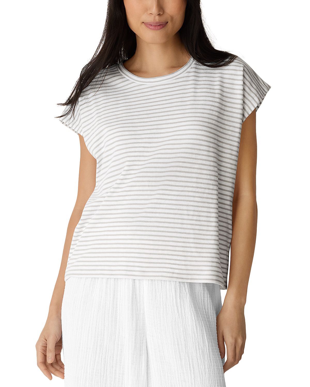 Eileen Fisher Striped Cotton Slub Cap Sleeve Top