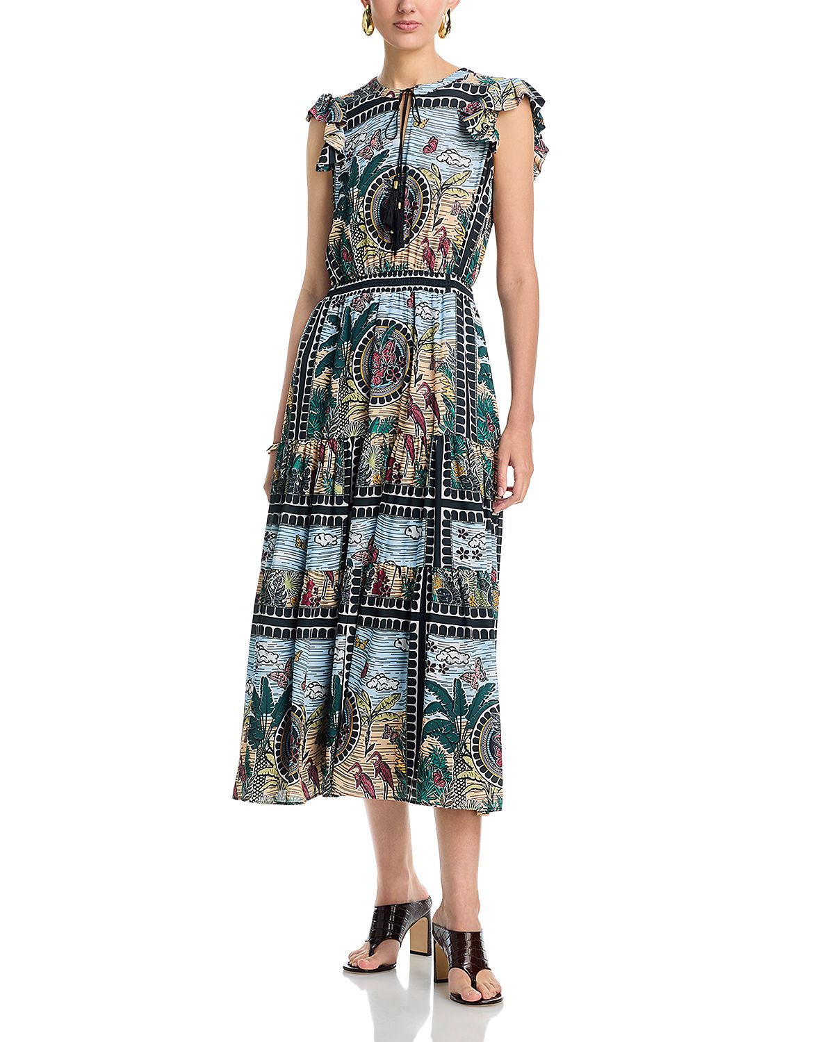 T Tahari Flutter Sleeve Split V Neck Tiered Dress