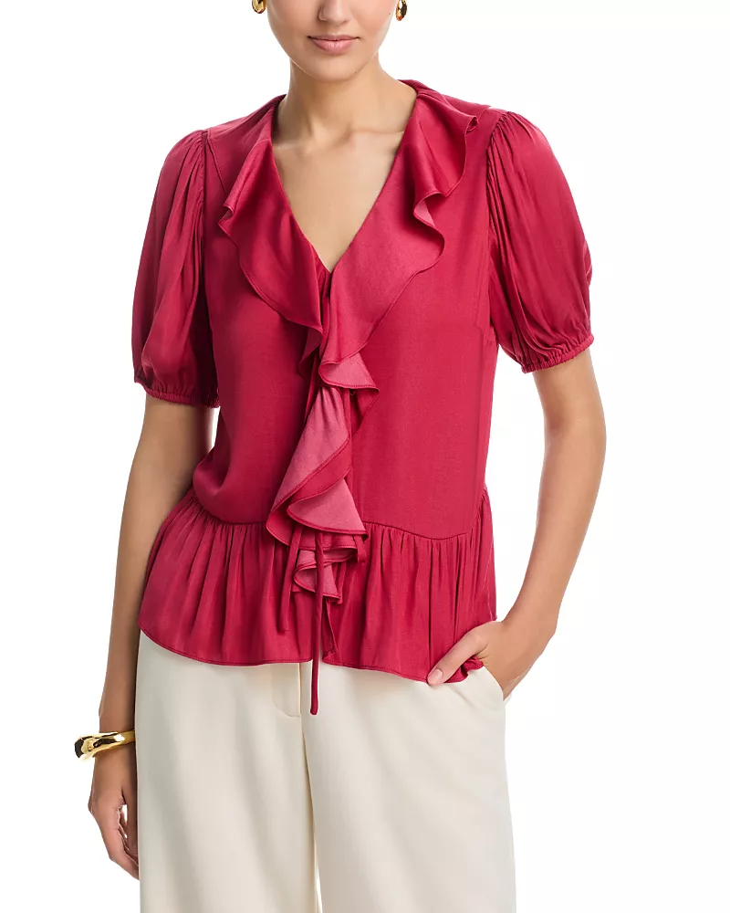 T Tahari Puff Sleeve V-Neck Blouse