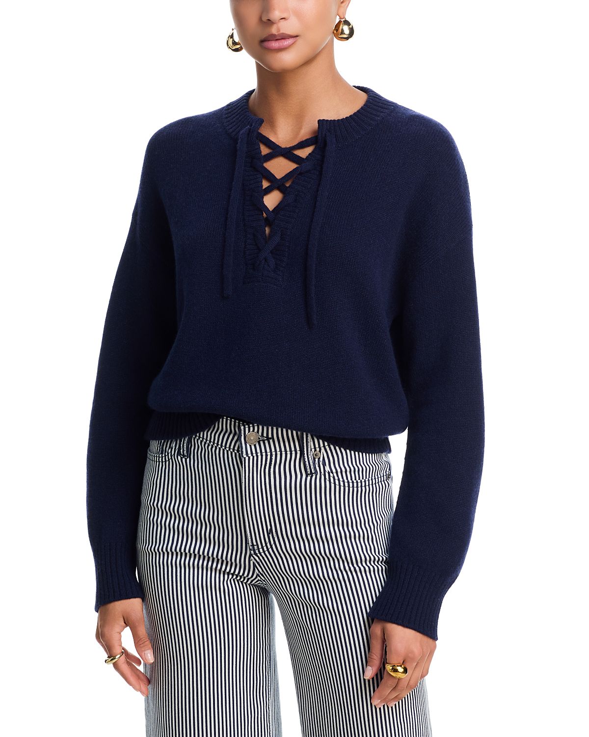 Aqua Cashmere Drop Shoulder Lace Up Sweater - Exclusive