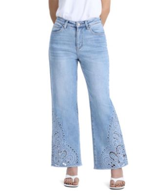  High Rise Side Leg Embroidery Straight Jeans in Cloudmotion
