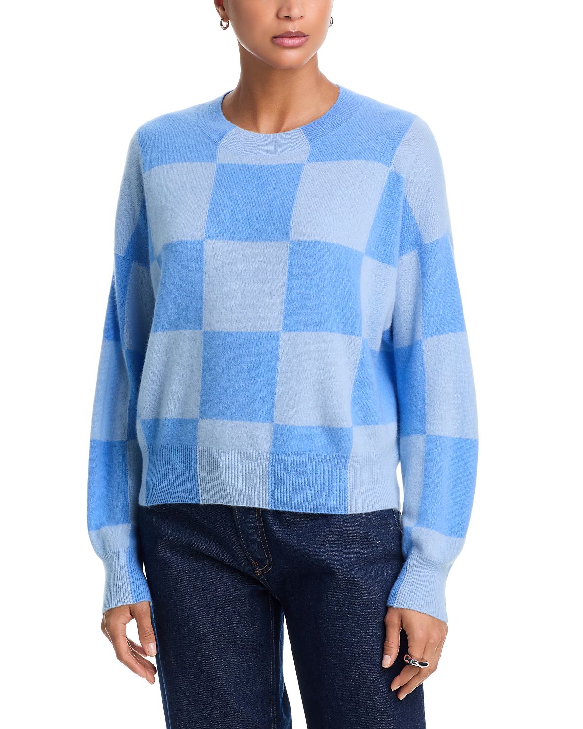 Aqua 100% Cashmere Brushed Cashmere Cropped Check Sweater - Exclusive
