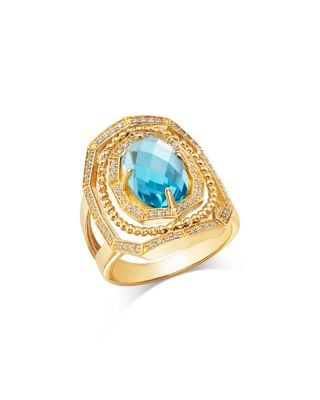 Blue Topaz & Diamond Art Deco Ring in 14K Yellow Gold