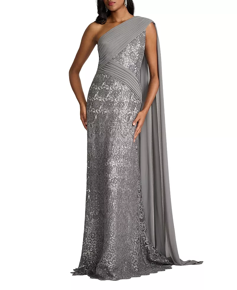 Tadashi Shoji Eamon Draped Sleeve Sequin Embroidered Gown