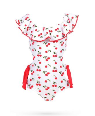 Girls' Ruffled Collar Red Cherry Motif Cut-Out and Side Ties One-Piece Swimsuit - Little Kid, Big Kid
