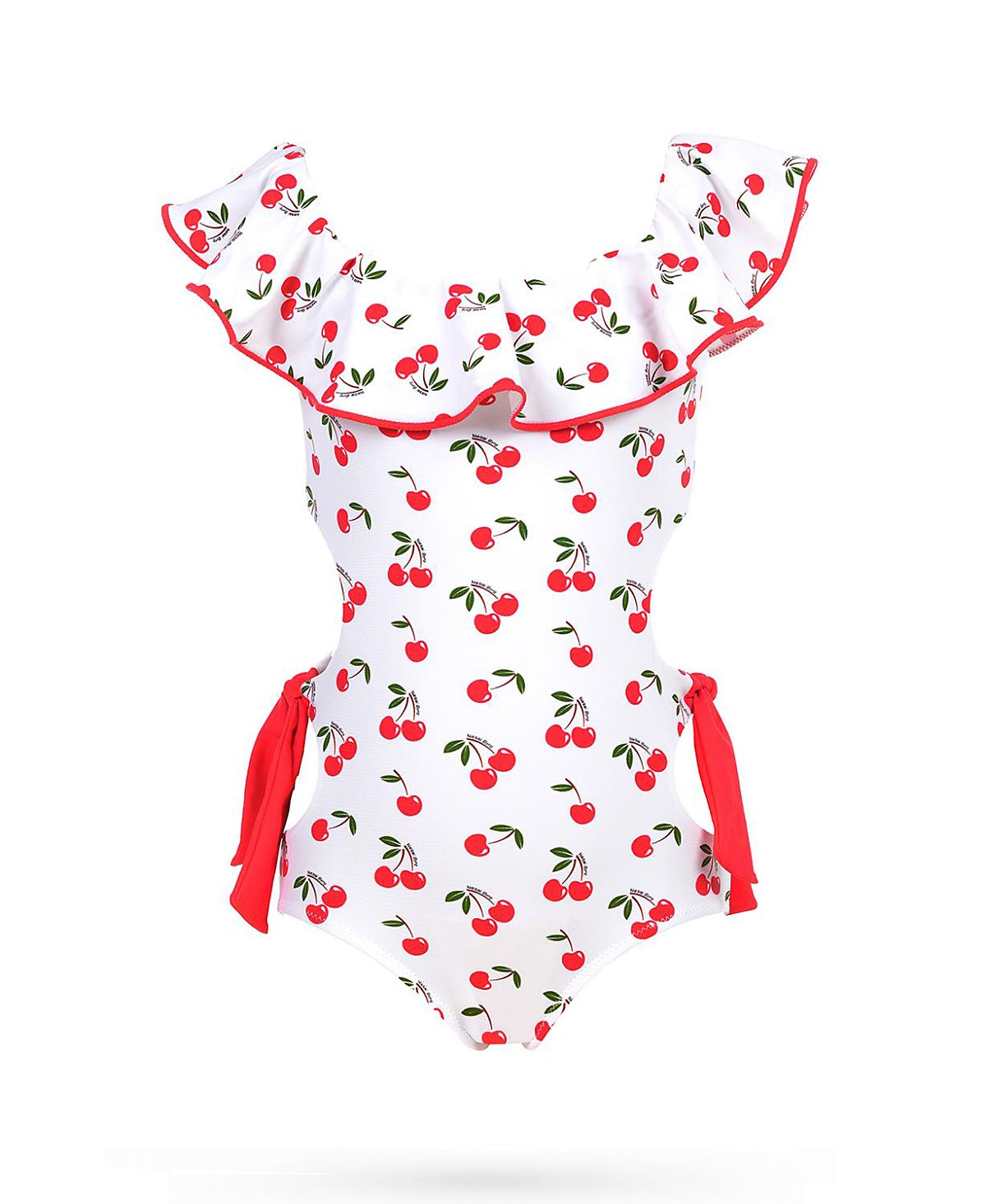 Nessi Byrd Girls' Ruffled Collar Red Cherry Motif Cut-Out and Side Ties One-Piece Swimsuit - Little Kid, Big Kid