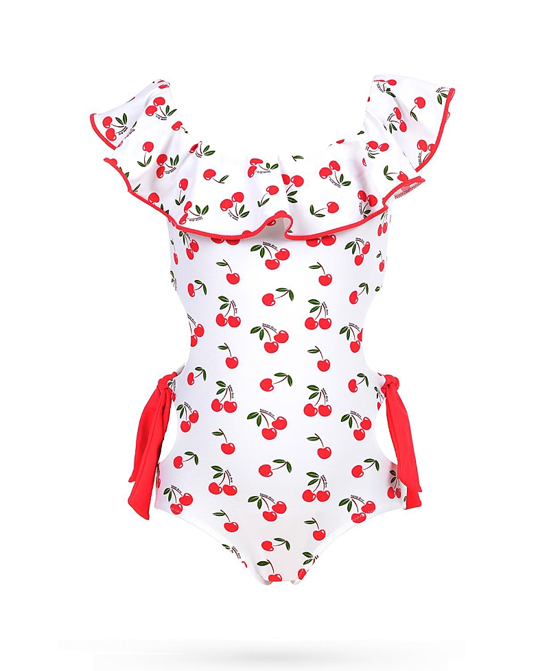Nessi Byrd Girls' Ruffled Collar Red Cherry Motif Cut-Out and Side Ties One-Piece Swimsuit - Little Kid, Big Kid