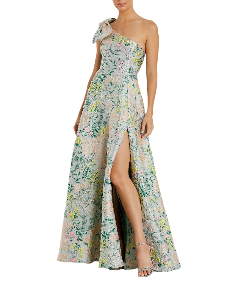 Mac Duggal One Shoulder Brocade Gown with Bow Detail
