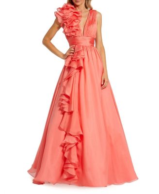  Ruffle Shoulder V-Neck Chiffon Gown