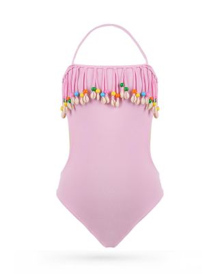 Girls' Halter Neck Cowrie Shell Fringe and Colorful Beads One-Piece Swimsuit - Little Kid, Big Kid