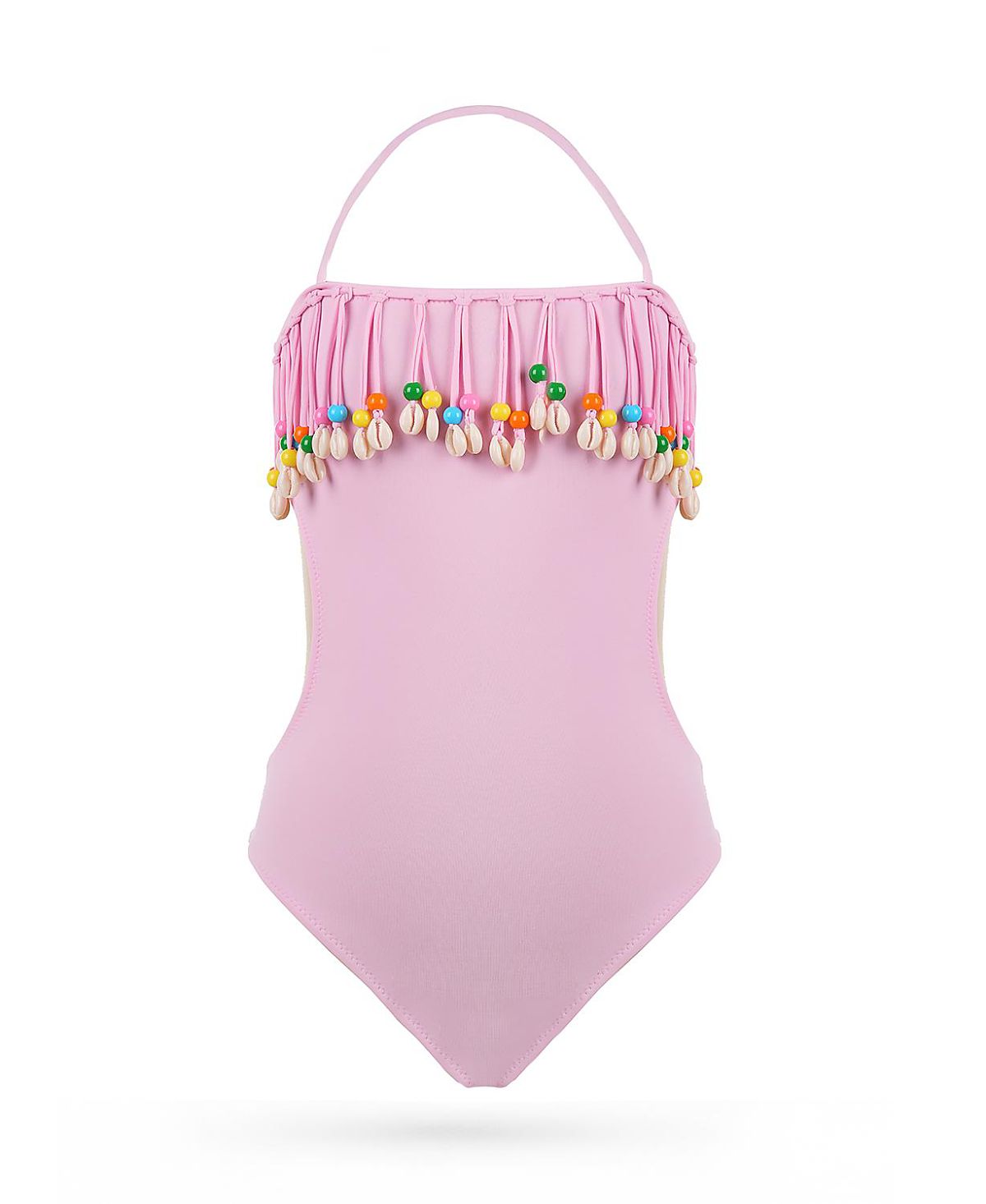 Nessi Byrd Girls' Halter Neck Cowrie Shell Fringe and Colorful Beads One-Piece Swimsuit - Little Kid, Big Kid
