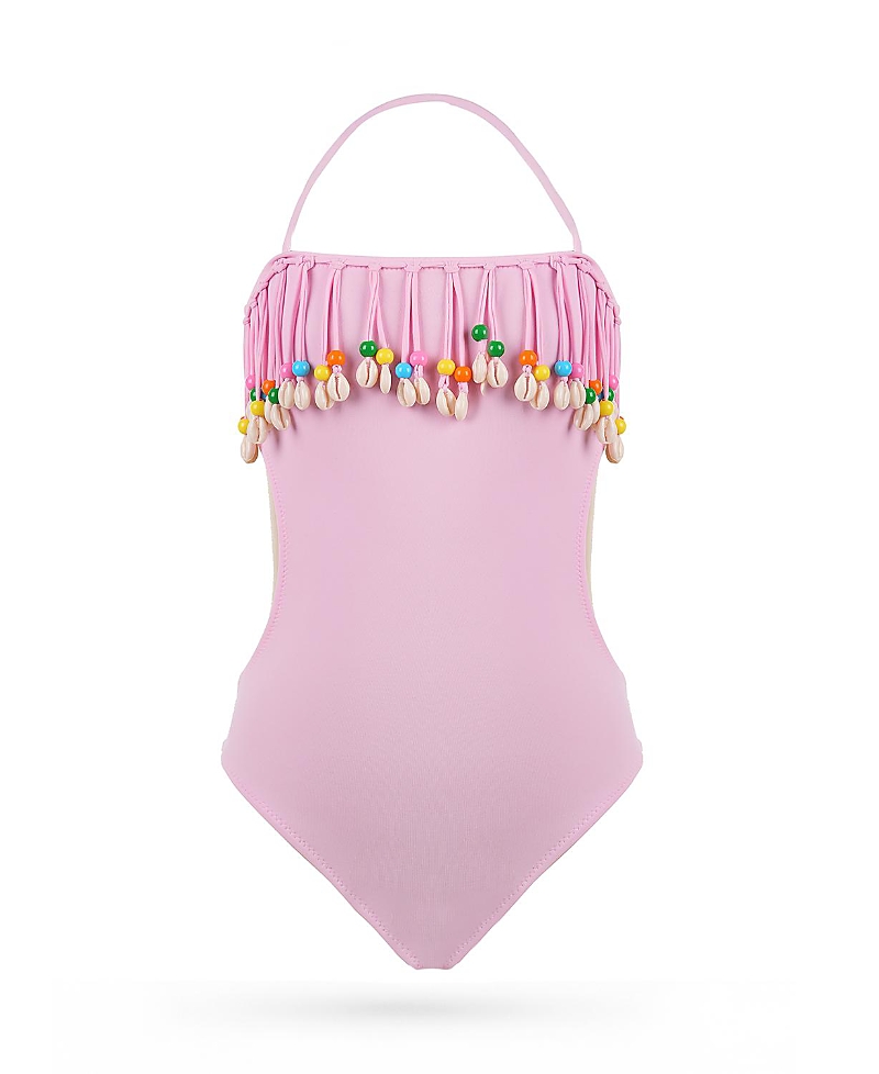Nessi Byrd Girls' Halter Neck Cowrie Shell Fringe and Colorful Beads One-Piece Swimsuit - Little Kid, Big Kid