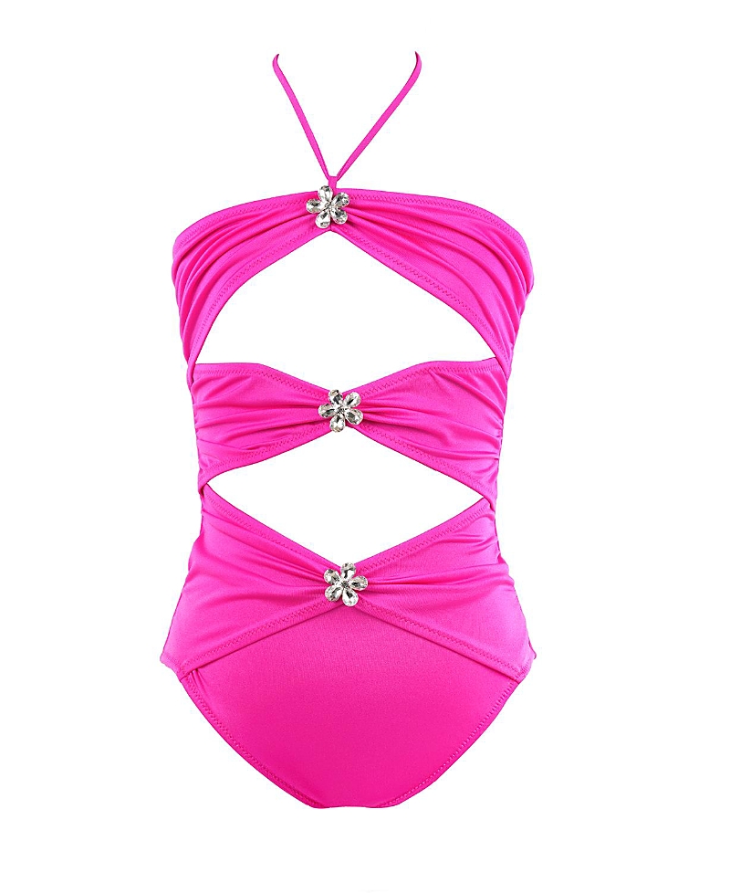Nessi Byrd Girls' Multi-Cutout Detail Rhinestone Floral Brooches One-Piece Swimsuit - Little Kid, Big Kid